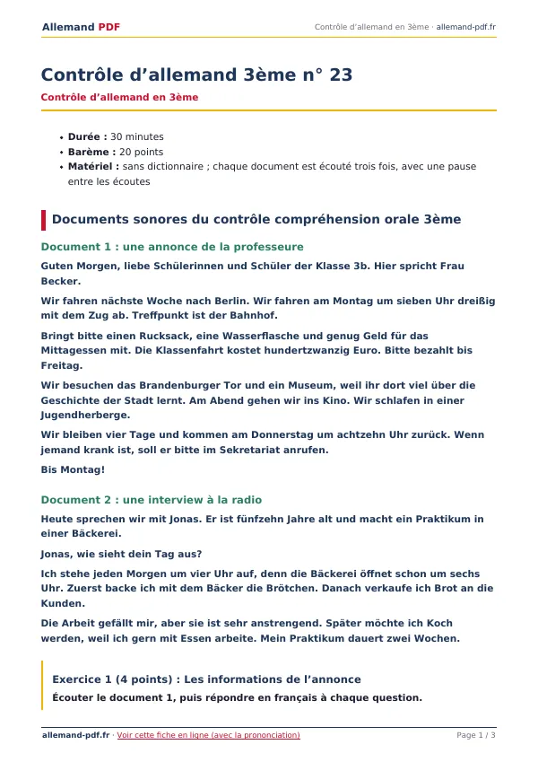 Contrôle « Contrôle d’allemand 3ème n° 23 » en PDF