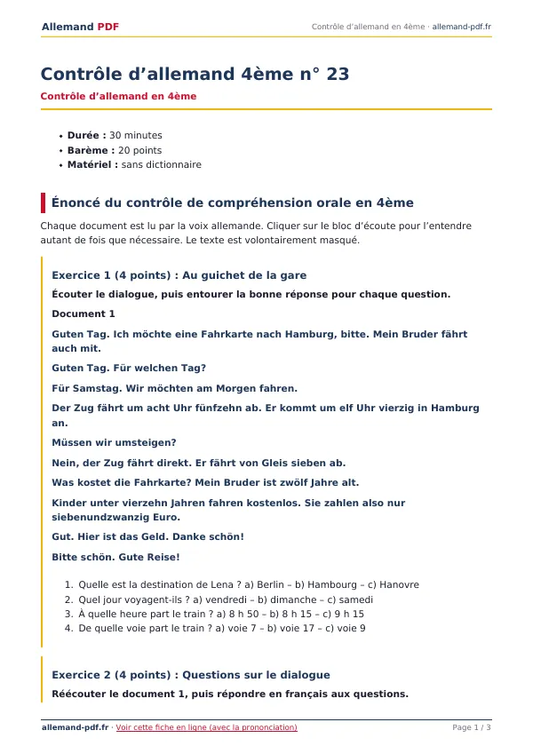 Contrôle « Contrôle d’allemand 4ème n° 23 » en PDF
