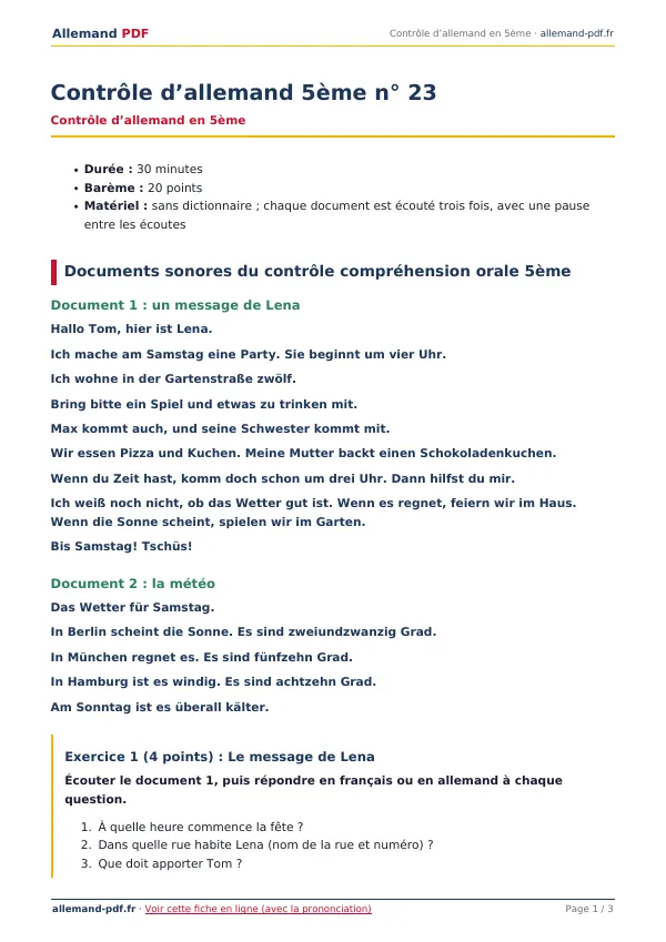 Contrôle « Contrôle d’allemand 5ème n° 23 » en PDF