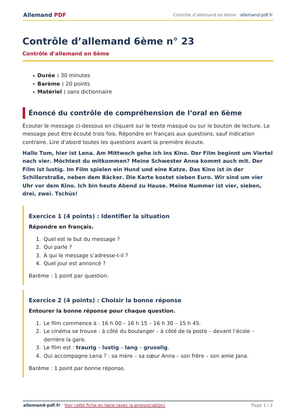 Contrôle « Contrôle d’allemand 6ème n° 23 » en PDF