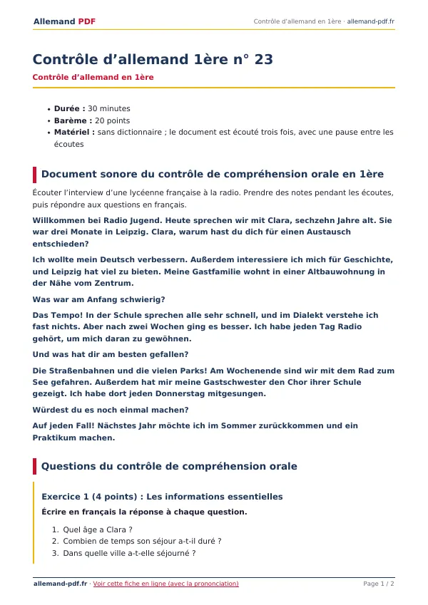 Contrôle « Contrôle d’allemand 1ère n° 23 » en PDF