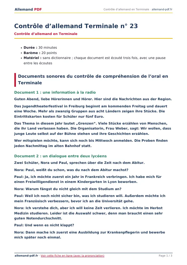 Contrôle « Contrôle d’allemand Terminale n° 23 » en PDF
