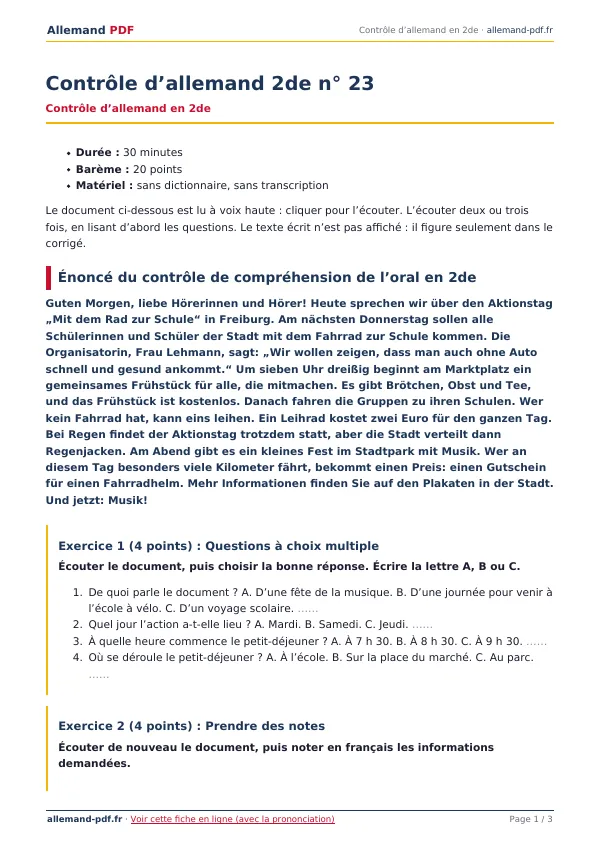 Contrôle « Contrôle d’allemand 2de n° 23 » en PDF