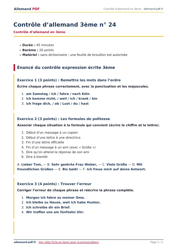 Contrôle « Contrôle d’allemand 3ème n° 24 » en PDF