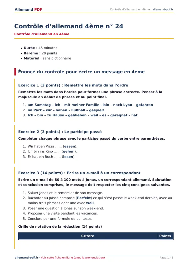 Contrôle « Contrôle d’allemand 4ème n° 24 » en PDF