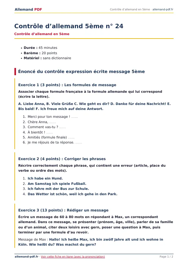Contrôle « Contrôle d’allemand 5ème n° 24 » en PDF