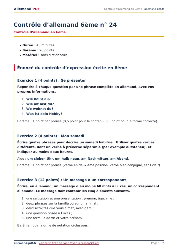 Contrôle « Contrôle d’allemand 6ème n° 24 » en PDF