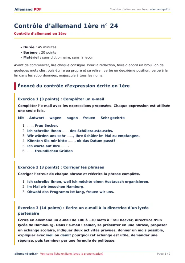 Contrôle « Contrôle d’allemand 1ère n° 24 » en PDF