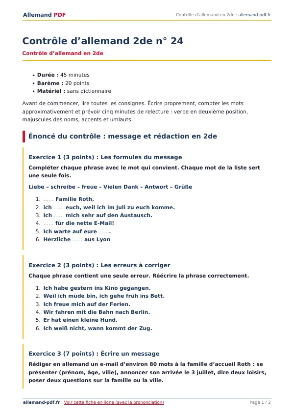 Contrôle « Contrôle d’allemand 2de n° 24 » en PDF
