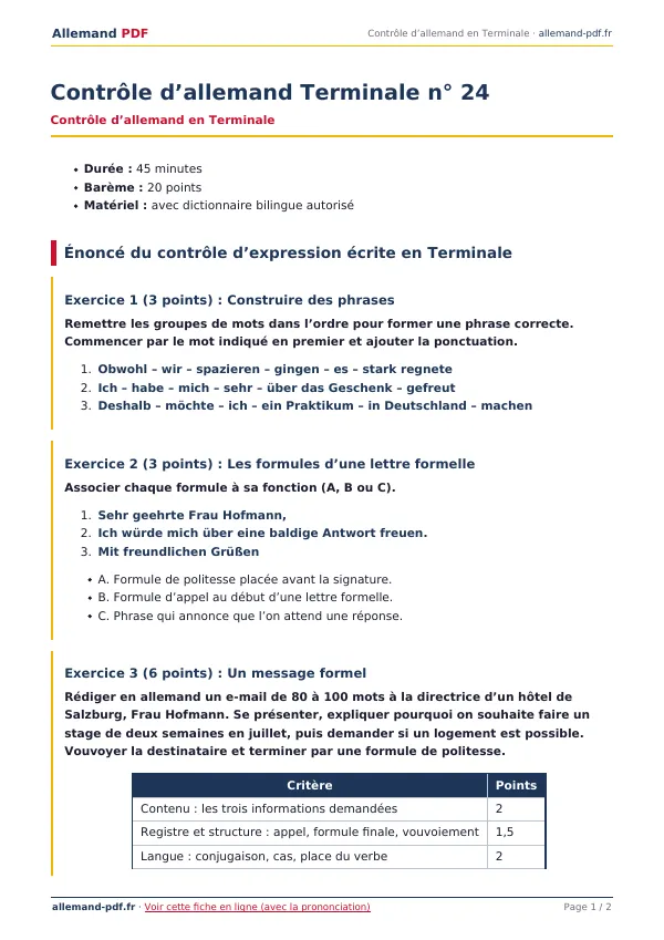 Contrôle « Contrôle d’allemand Terminale n° 24 » en PDF