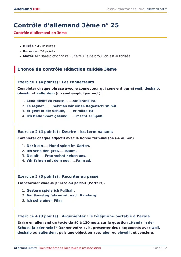 Contrôle « Contrôle d’allemand 3ème n° 25 » en PDF
