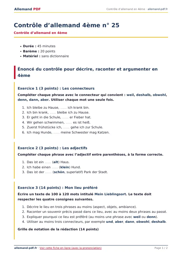 Contrôle « Contrôle d’allemand 4ème n° 25 » en PDF