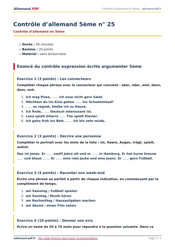 Contrôle « Contrôle d’allemand 5ème n° 25 » en PDF