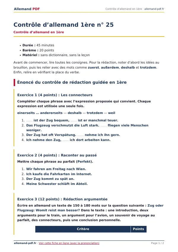 Contrôle « Contrôle d’allemand 1ère n° 25 » en PDF