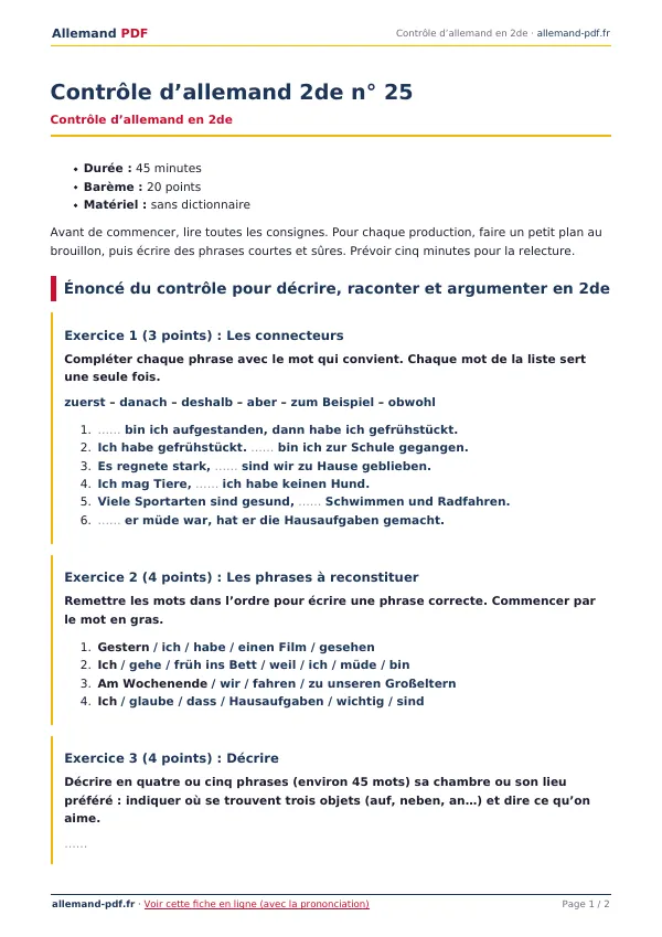 Contrôle « Contrôle d’allemand 2de n° 25 » en PDF
