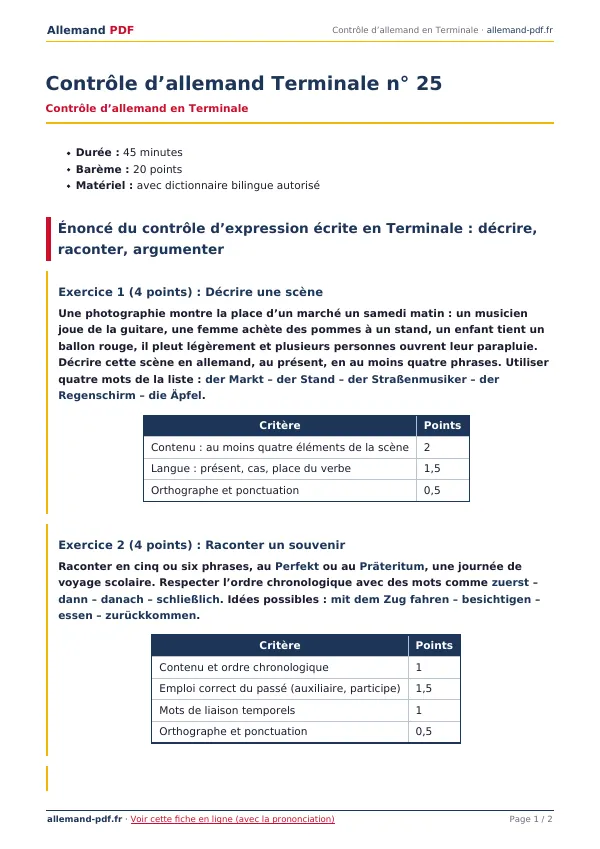 Contrôle « Contrôle d’allemand Terminale n° 25 » en PDF