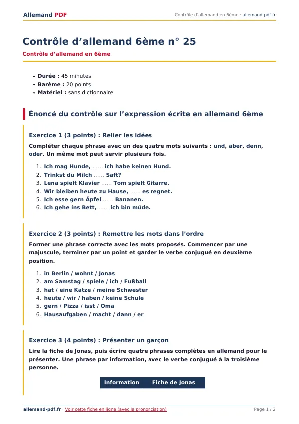 Contrôle « Contrôle d’allemand 6ème n° 25 » en PDF
