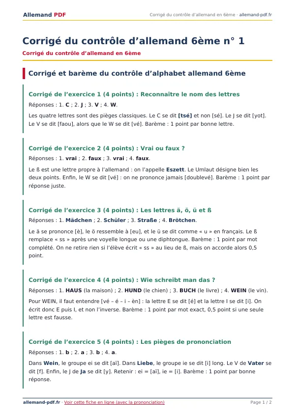 Corrigé du contrôle « Corrigé du contrôle d’allemand 6ème n° 1 » en PDF