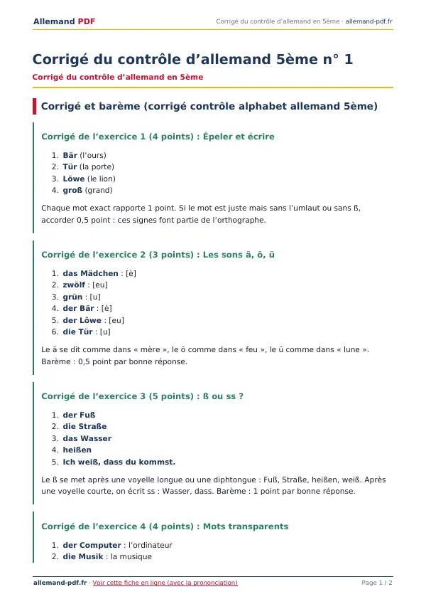 Corrigé du contrôle « Corrigé du contrôle d’allemand 5ème n° 1 » en PDF