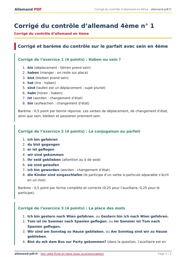 Corrigé du contrôle « Corrigé du contrôle d’allemand 4ème n° 1 » en PDF
