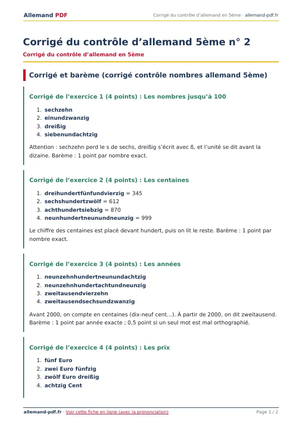 Corrigé du contrôle « Corrigé du contrôle d’allemand 5ème n° 2 » en PDF