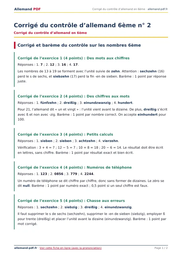 Corrigé du contrôle « Corrigé du contrôle d’allemand 6ème n° 2 » en PDF