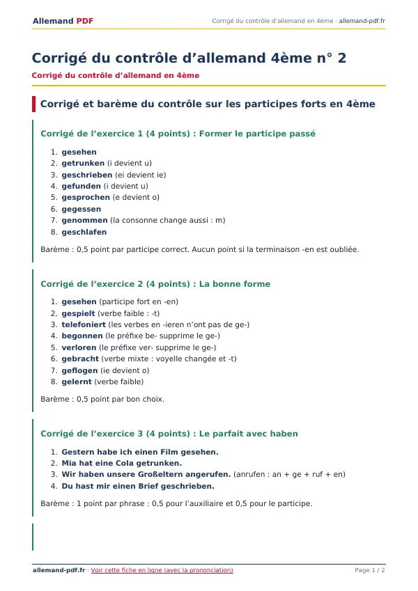 Corrigé du contrôle « Corrigé du contrôle d’allemand 4ème n° 2 » en PDF