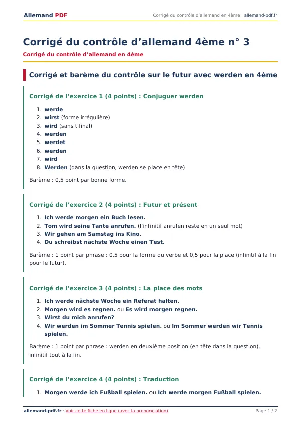 Corrigé du contrôle « Corrigé du contrôle d’allemand 4ème n° 3 » en PDF