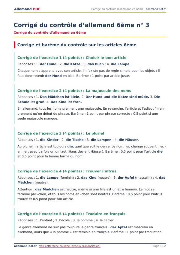 Corrigé du contrôle « Corrigé du contrôle d’allemand 6ème n° 3 » en PDF