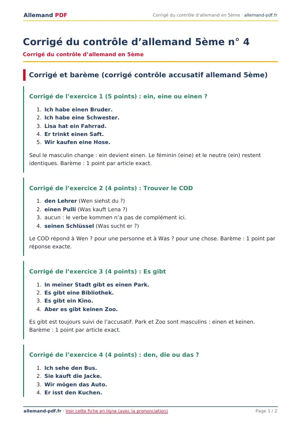 Corrigé du contrôle « Corrigé du contrôle d’allemand 5ème n° 4 » en PDF