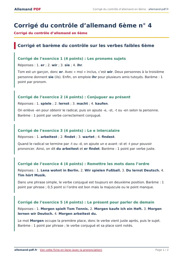 Corrigé du contrôle « Corrigé du contrôle d’allemand 6ème n° 4 » en PDF