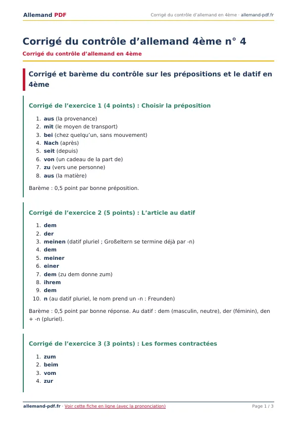 Corrigé du contrôle « Corrigé du contrôle d’allemand 4ème n° 4 » en PDF