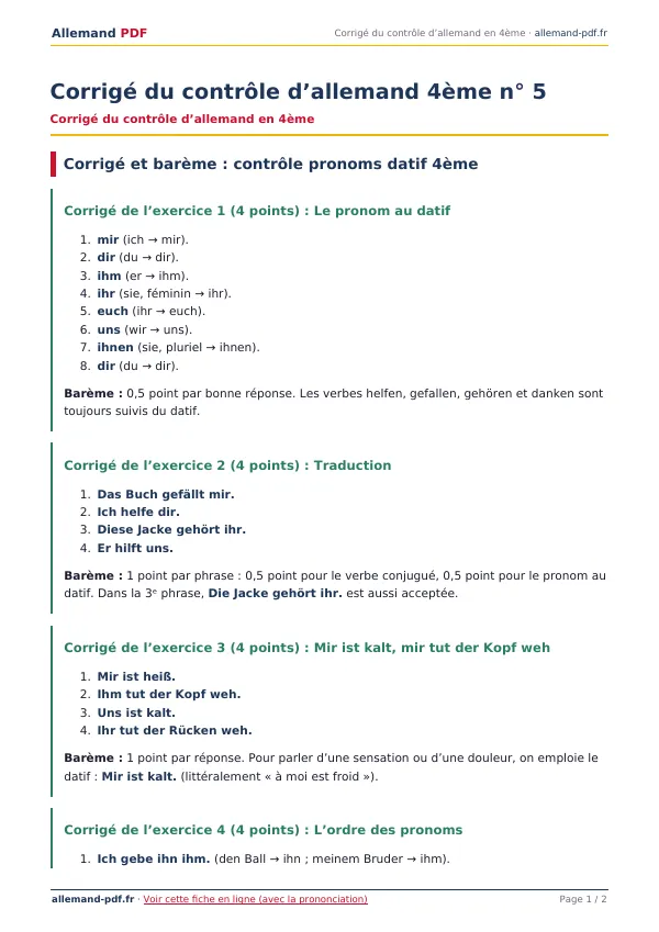 Corrigé du contrôle « Corrigé du contrôle d’allemand 4ème n° 5 » en PDF