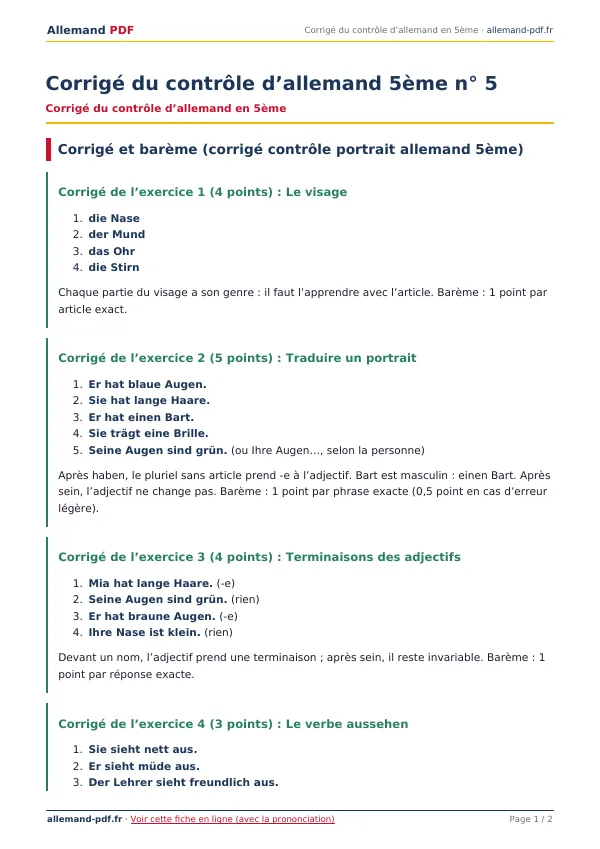 Corrigé du contrôle « Corrigé du contrôle d’allemand 5ème n° 5 » en PDF