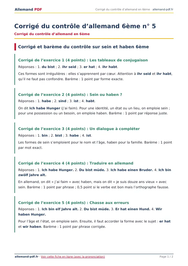 Corrigé du contrôle « Corrigé du contrôle d’allemand 6ème n° 5 » en PDF