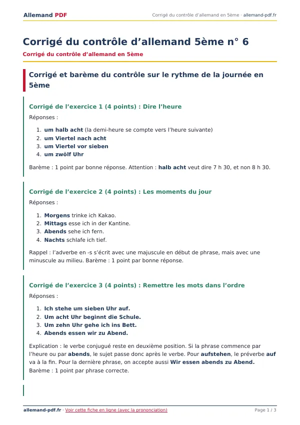 Corrigé du contrôle « Corrigé du contrôle d’allemand 5ème n° 6 » en PDF