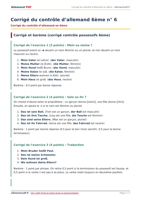 Corrigé du contrôle « Corrigé du contrôle d’allemand 6ème n° 6 » en PDF