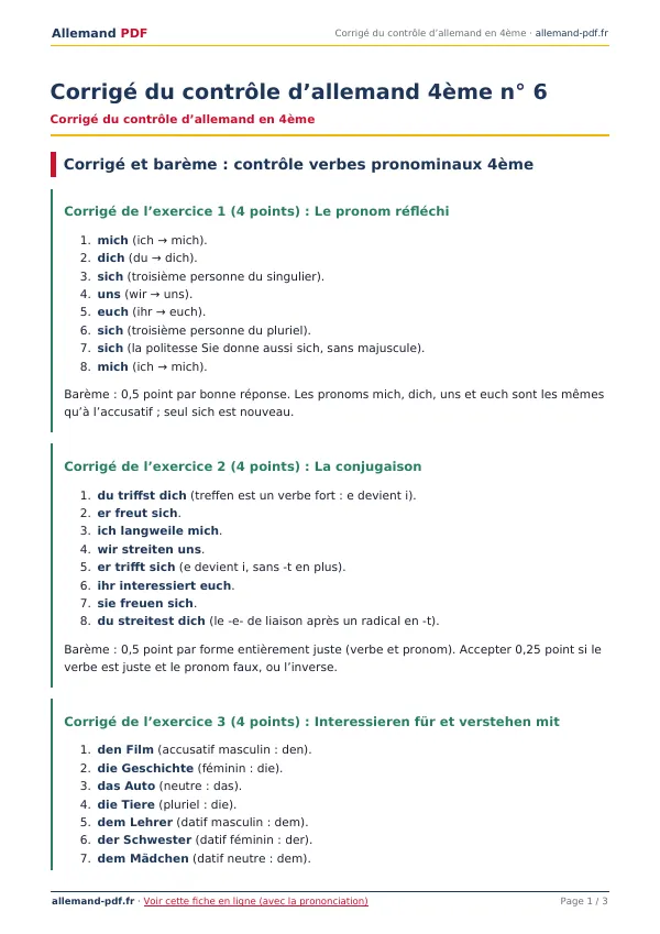 Corrigé du contrôle « Corrigé du contrôle d’allemand 4ème n° 6 » en PDF