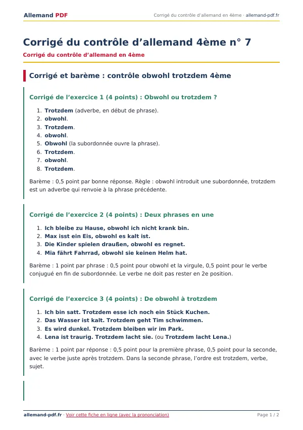 Corrigé du contrôle « Corrigé du contrôle d’allemand 4ème n° 7 » en PDF