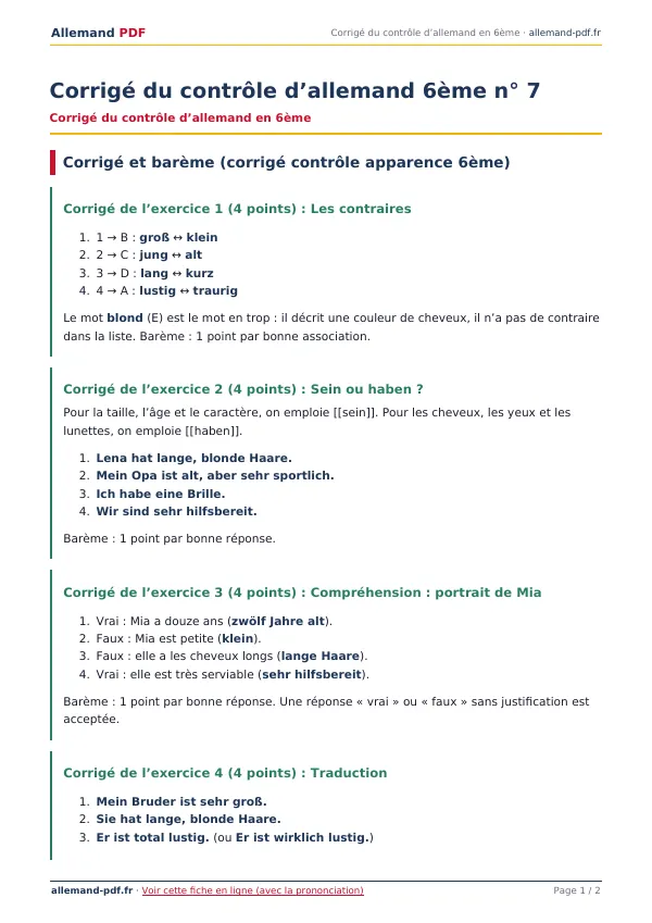 Corrigé du contrôle « Corrigé du contrôle d’allemand 6ème n° 7 » en PDF