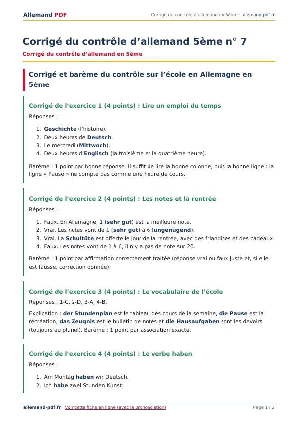 Corrigé du contrôle « Corrigé du contrôle d’allemand 5ème n° 7 » en PDF