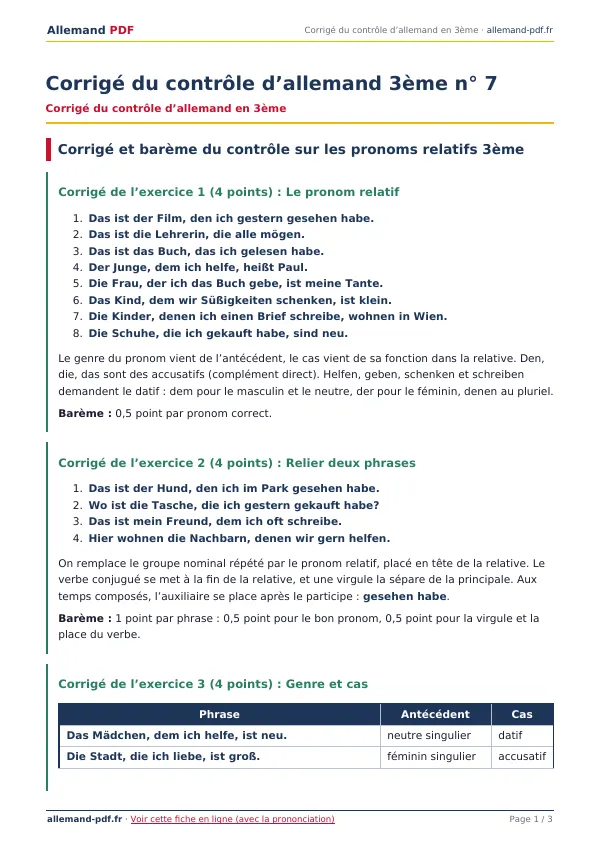 Corrigé du contrôle « Corrigé du contrôle d’allemand 3ème n° 7 » en PDF