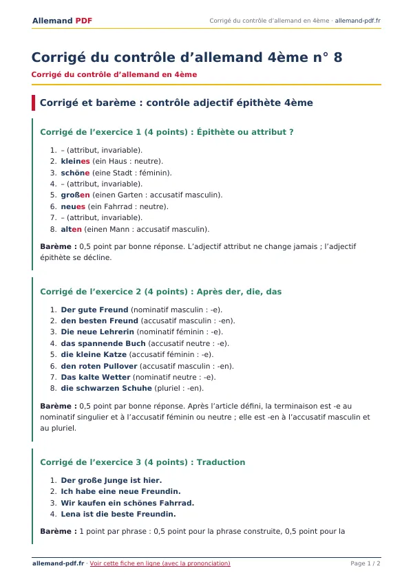 Corrigé du contrôle « Corrigé du contrôle d’allemand 4ème n° 8 » en PDF