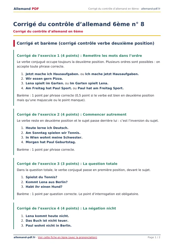 Corrigé du contrôle « Corrigé du contrôle d’allemand 6ème n° 8 » en PDF