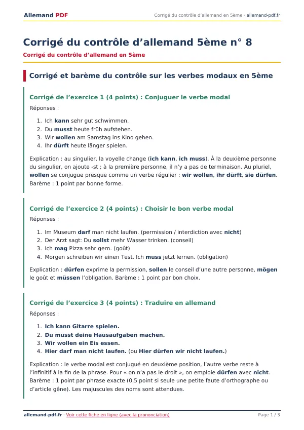 Corrigé du contrôle « Corrigé du contrôle d’allemand 5ème n° 8 » en PDF