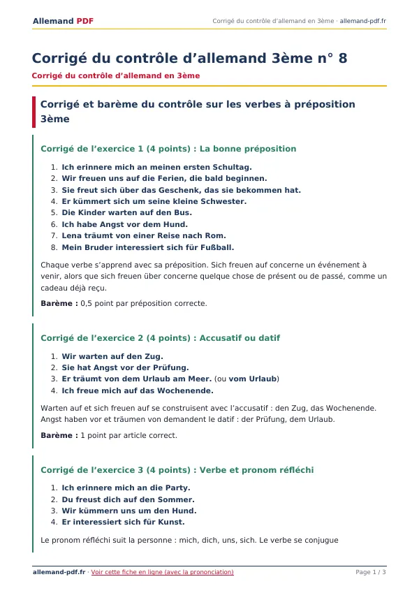 Corrigé du contrôle « Corrigé du contrôle d’allemand 3ème n° 8 » en PDF