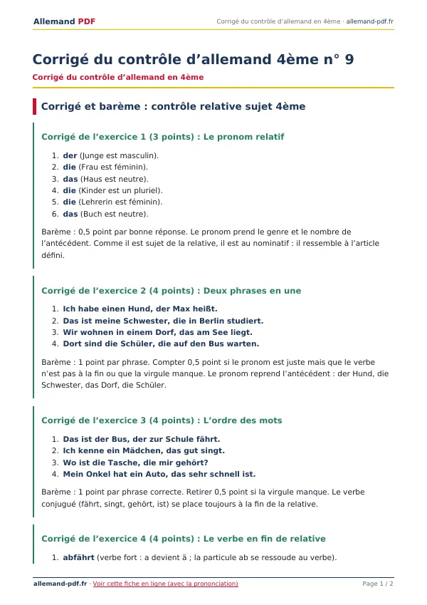 Corrigé du contrôle « Corrigé du contrôle d’allemand 4ème n° 9 » en PDF