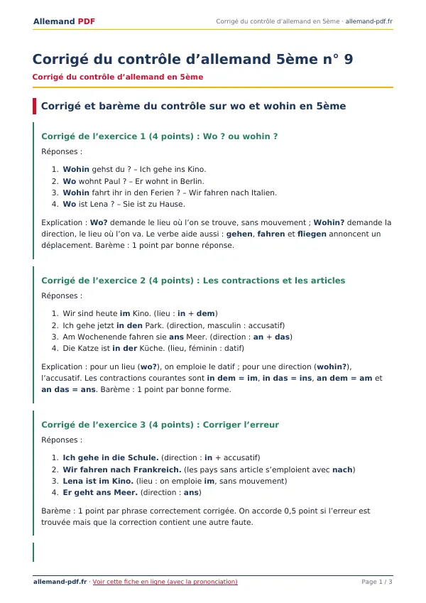 Corrigé du contrôle « Corrigé du contrôle d’allemand 5ème n° 9 » en PDF
