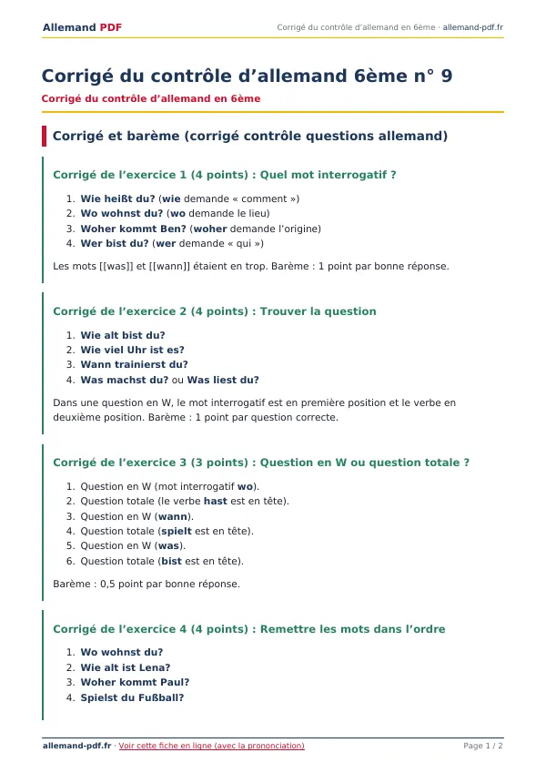 Corrigé du contrôle « Corrigé du contrôle d’allemand 6ème n° 9 » en PDF