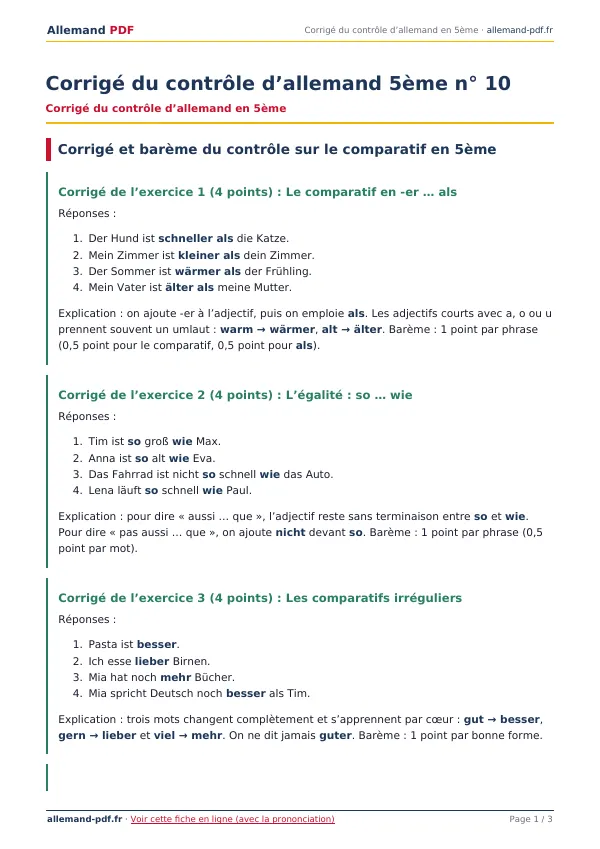Corrigé du contrôle « Corrigé du contrôle d’allemand 5ème n° 10 » en PDF